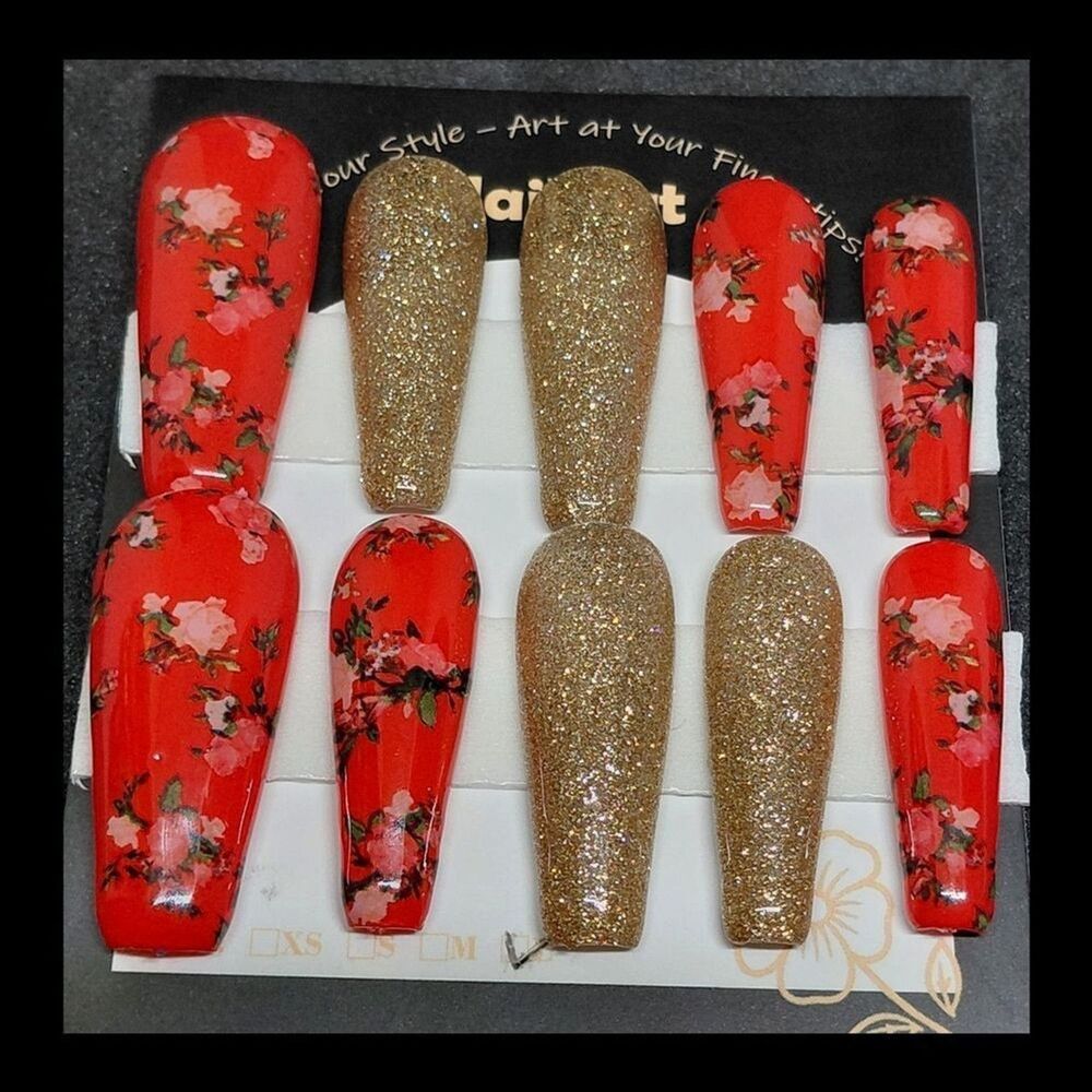 4/$40 ***Summer Sale***Floral Red and Gold Glitter Hard Gel Press-On Nails